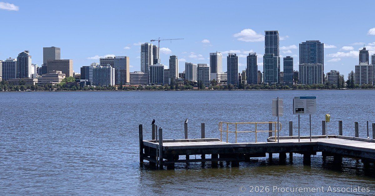 Perth CBD skyline seen across the Swan River from a South Perth jetty.