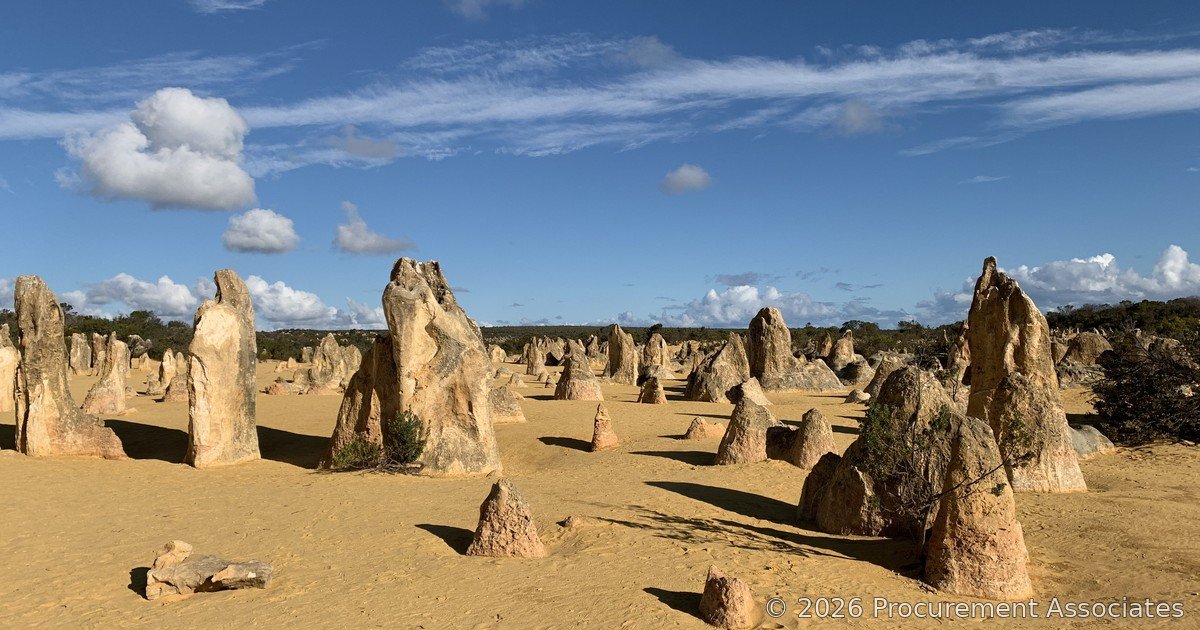 Limestone pinnacles standing in desert sand under a blue sky